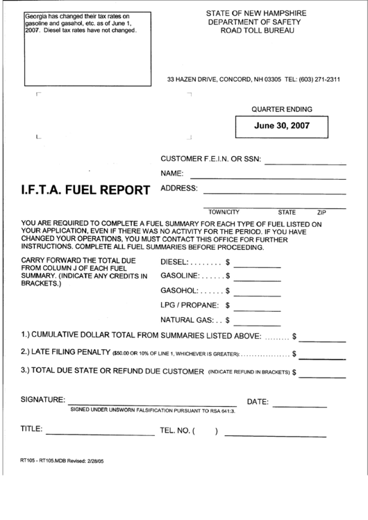 Form Rt-105 - I.f.t.a. Fuel Report - State Of New Hampshire - 2005 Printable pdf