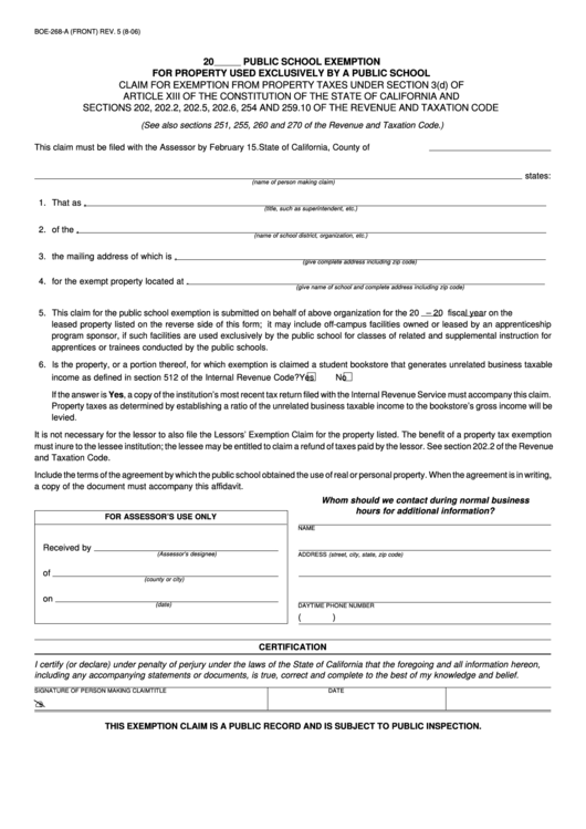 Form Boe-268-A - Claim For Exemption From Property Taxes (Public School Exemption) - California Printable pdf