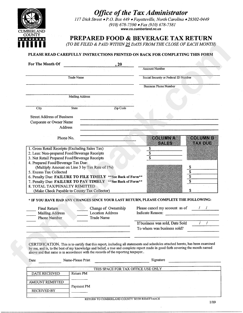 Prepared Food And Beverage Tax Return - North Carolina Office Of The Tax Administrator