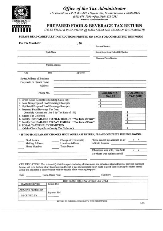 Prepared Food And Beverage Tax Return - North Carolina Office Of The Tax Administrator Printable pdf