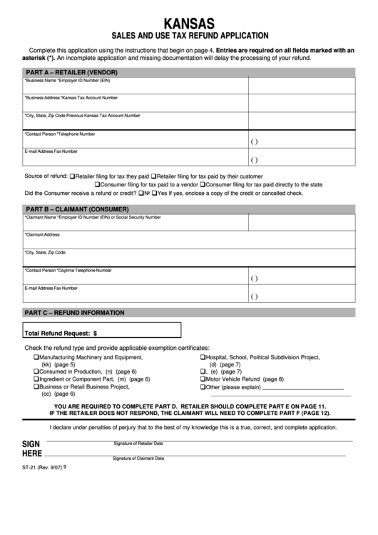 Form St-21 - Sales And Use Tax Refund Application - 2007 Printable pdf