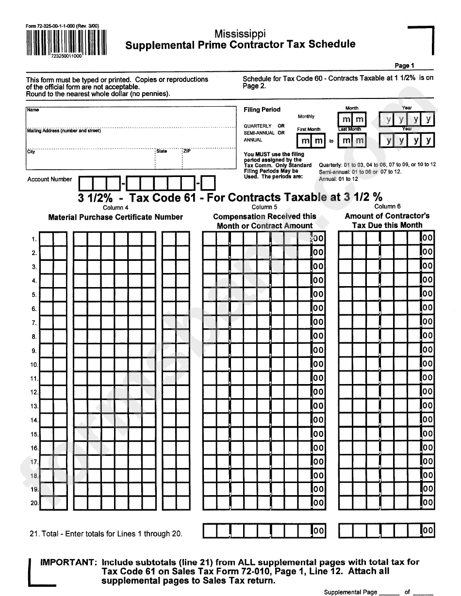Form 72-325-00-1-1-000 - Supplemental Prime Contractor Tax Schedule
