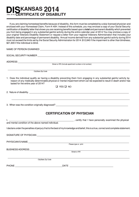 Fillable Form Dis - Kansas Certificate Of Disability - 2014 Printable pdf