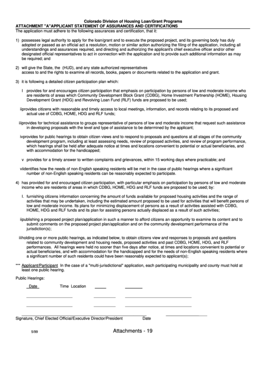 Applicant Statement Of Assurances And Certifications - Colorado Division Of Housing Printable pdf