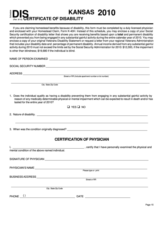 Schedule Dis - Kansas Certificate Of Disability - 2010 Printable pdf