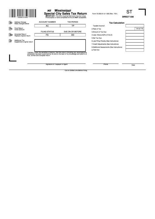 Form 72-200-01-3-1-000 - Mississippi Special City Sales Tax Return Printable pdf