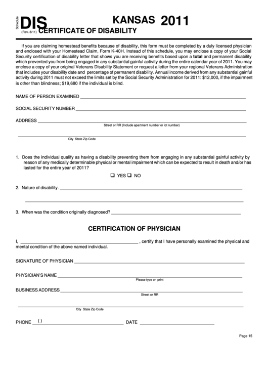 Schedule Dis - Kansas Certificate Of Disability - 2011 Printable pdf