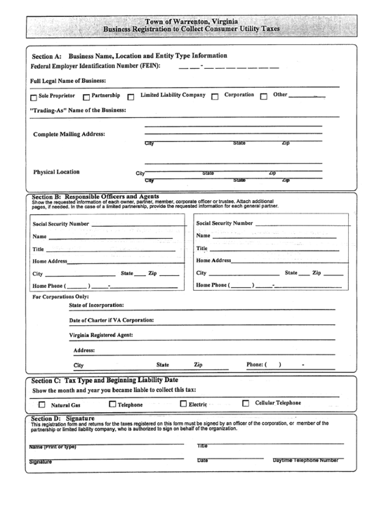 Business Registration To Collect Consumer Utility Taxes - Town Of Warrenton Printable pdf