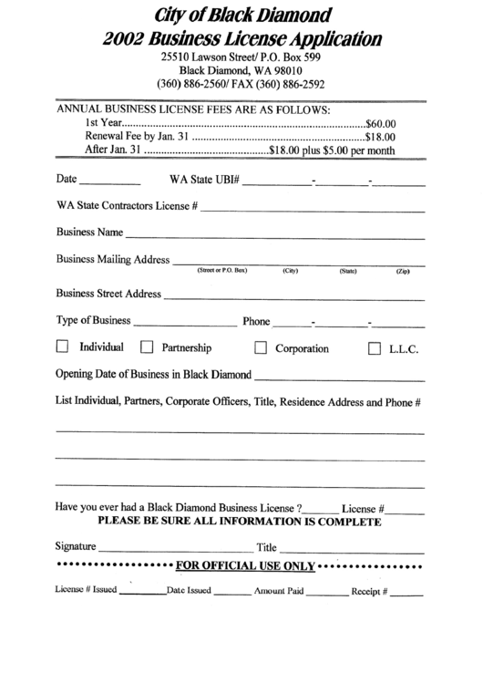 Business License Application - City Of Black Diamond - 2002 Printable pdf