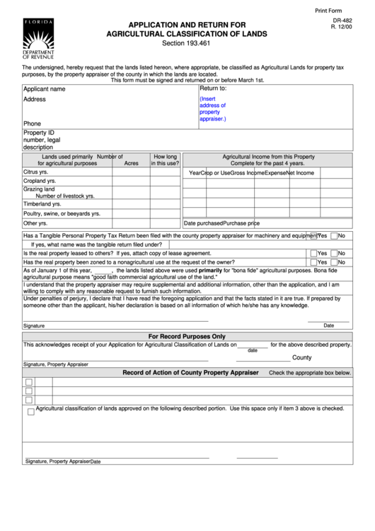 Fillable Form Dr-482 - Application And Return For Agricultural Classification Of Lands Printable pdf