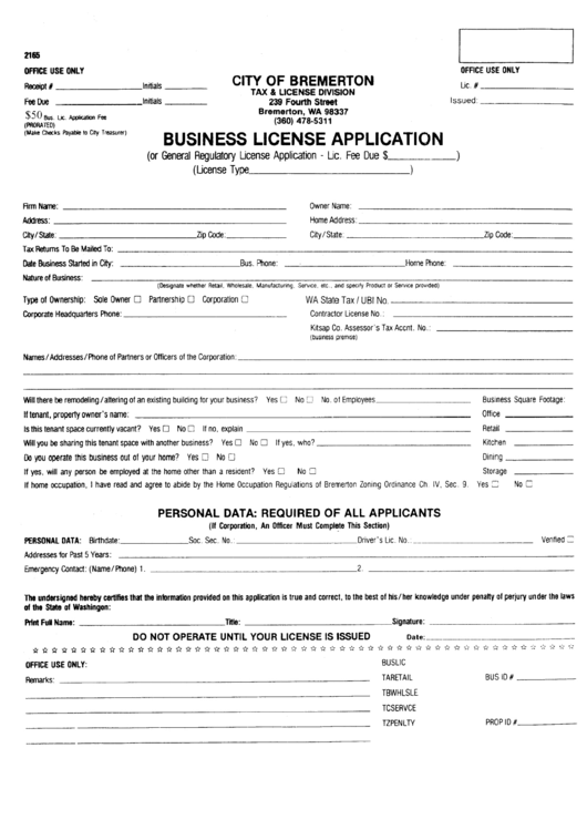 Form 2165 - Business License Application - City Of Bremerton Printable pdf