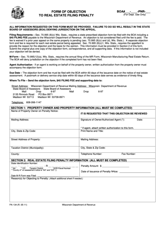 Form Pa-134 - Form Of Objection To Real Estate Filing Penalty Printable pdf