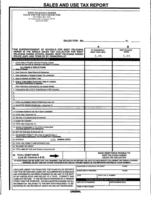 Sales And Use Tax Report - West Feliciana Parish Printable pdf