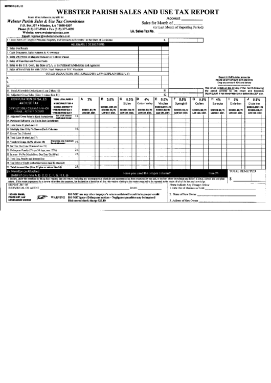 Sales And Use Tax Report - Webster Parish Printable pdf