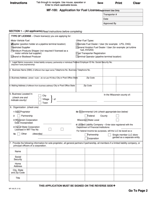 Fillable Form Mf100 Application For Fuel License printable pdf download