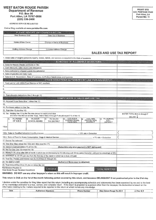 Sales And Use Tax Report - West Baton Rouge Parish Printable pdf