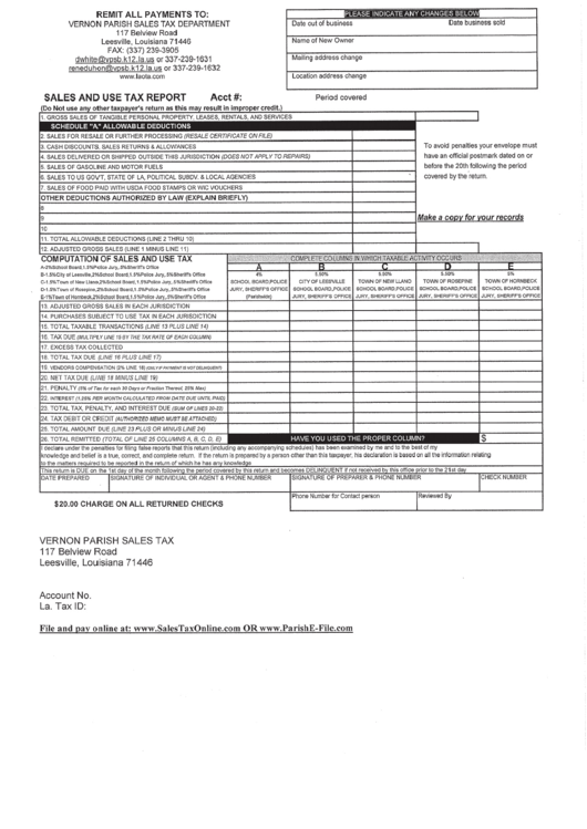 Sales And Use Tax Report - Vernon Parish Printable pdf