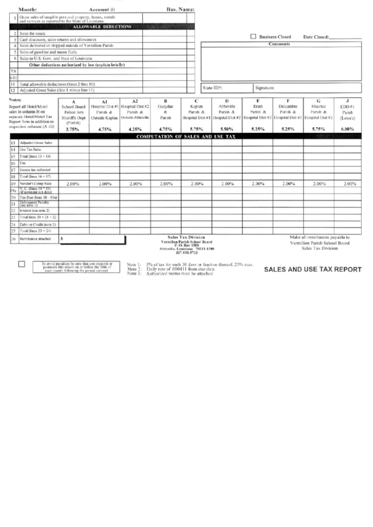 Sales And Use Tax Report - Varmilion Parish Printable pdf