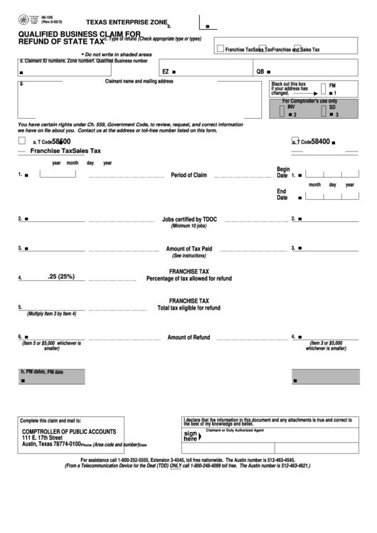 Fillable Form 00-105 - Qualified Business Claim For Refund Of State Tax Printable pdf