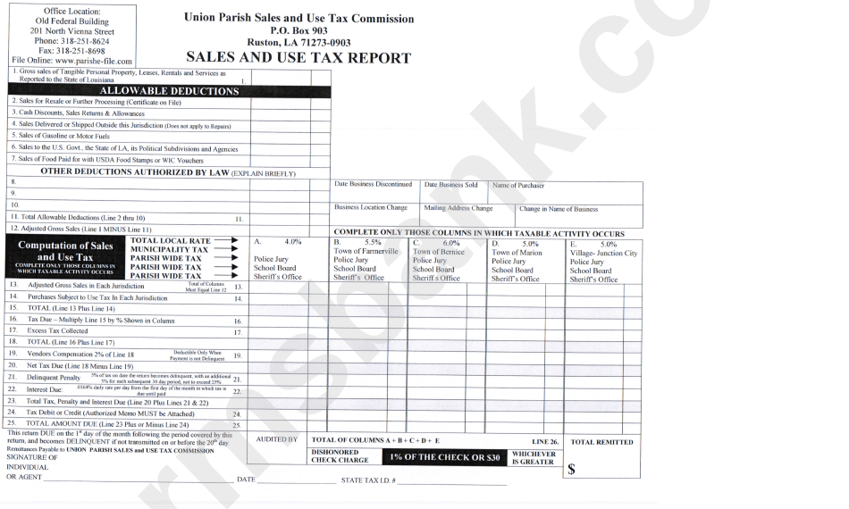 Sales And Use Tax Report - Union Parish