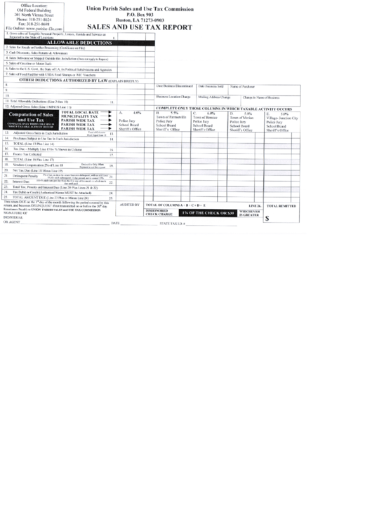 Sales And Use Tax Report - Union Parish Printable pdf