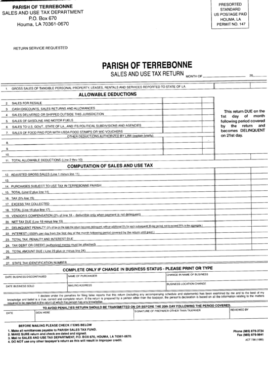 Sales And Use Tax Return - Parish Of Terrebonne Printable pdf