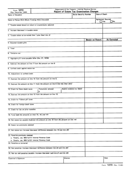 Form 1273 - Report Of Estate Tax Examination Changes Printable pdf