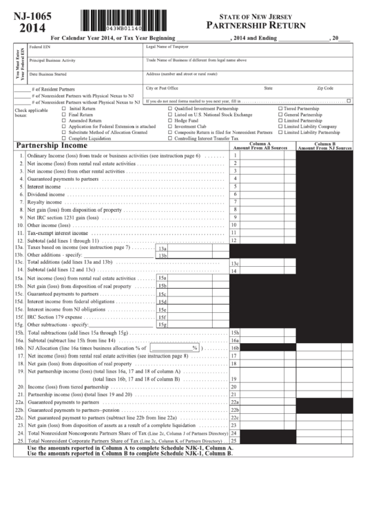 Fillable Form Nj-1065 - State Of New Jersey Partnership Return - 2014 Printable pdf