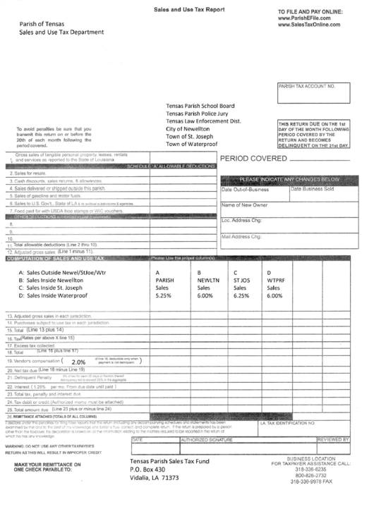 Sales And Use Tax Report Parish Of Tensas printable pdf download