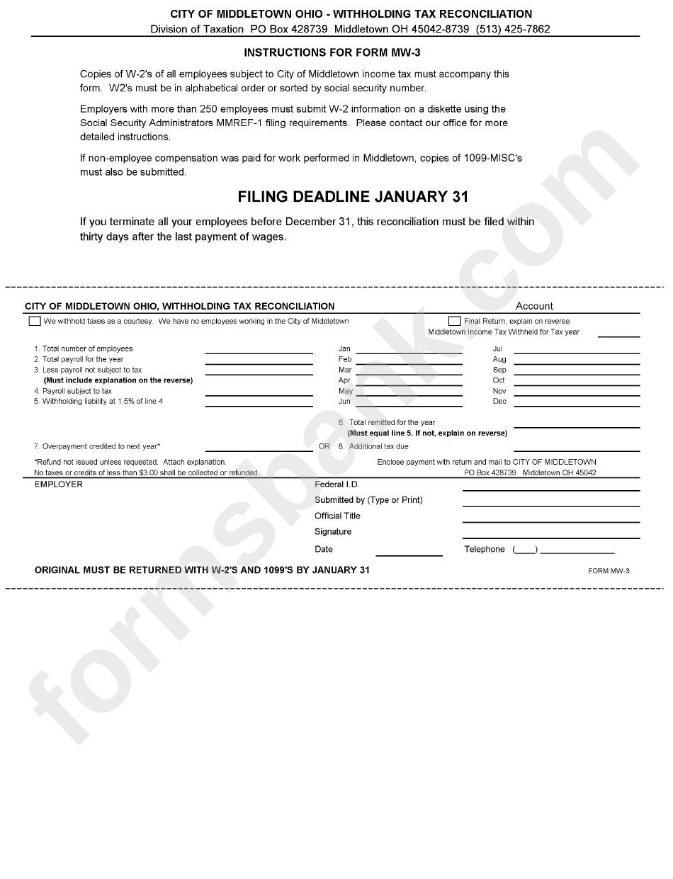Form Mw-3 - Withholding Tax Reconciliation - City Of Middletown