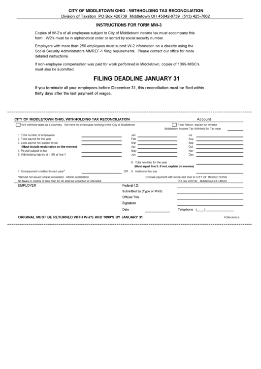Form Mw-3 - Withholding Tax Reconciliation - City Of Middletown Printable pdf