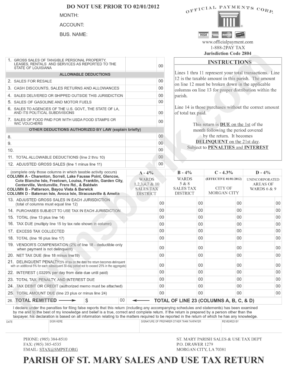 Sales And Use Tax Return Parish Of St. Mary printable pdf download
