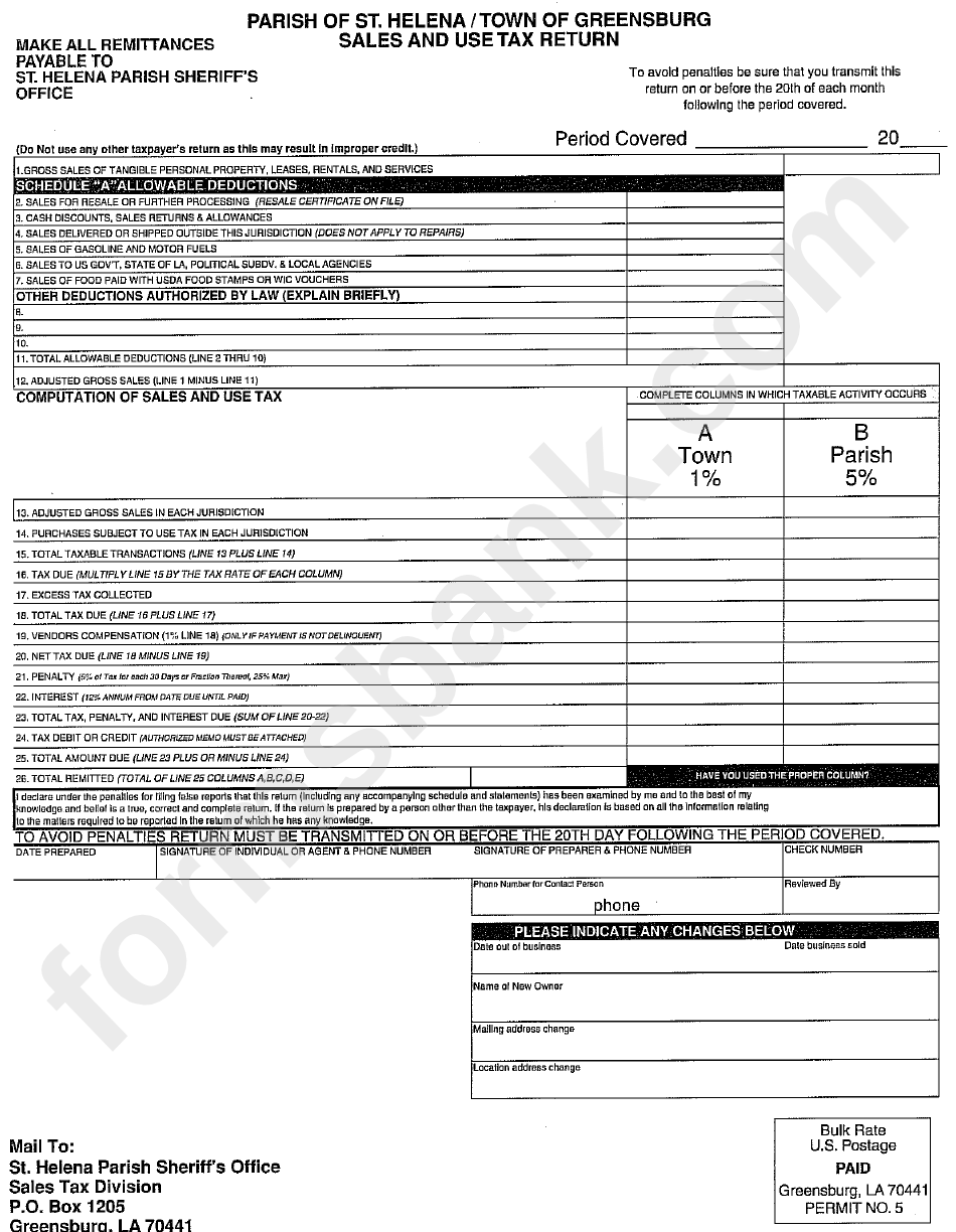 Sales And Use Tax Return - Town Of Greensburg