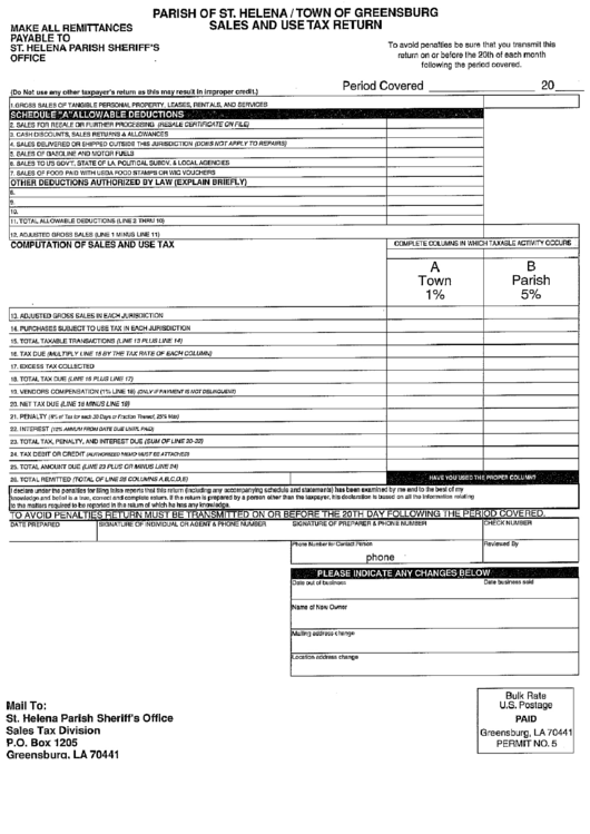 Sales And Use Tax Return - Town Of Greensburg Printable pdf