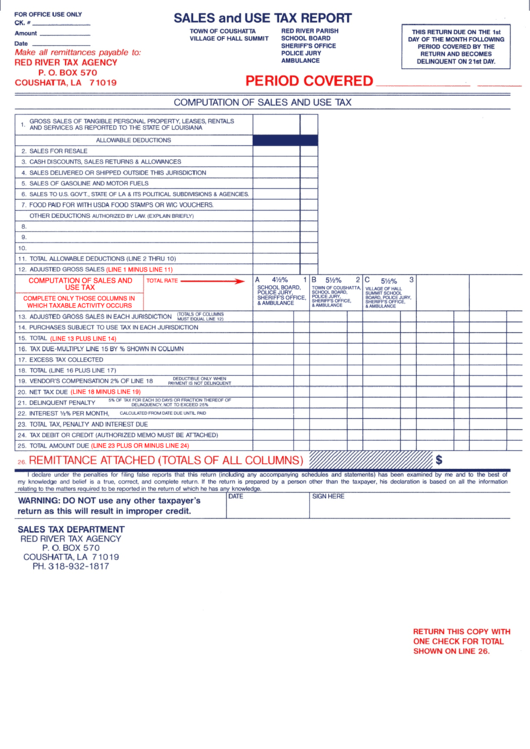 Sales And Use Tax Report Town Of Coushatta printable pdf download