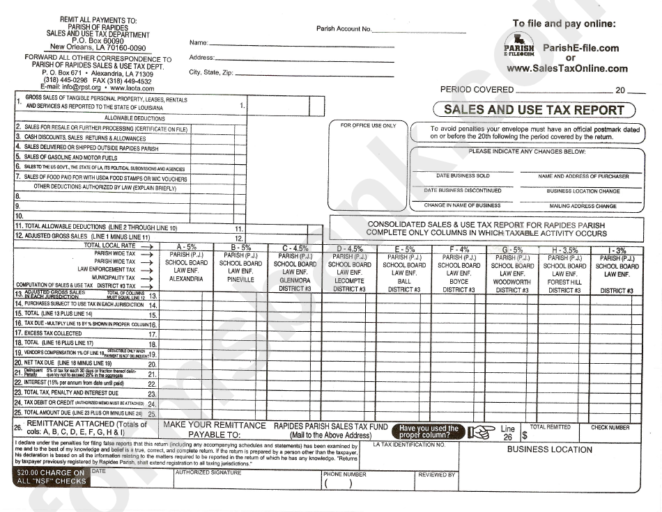 Sales And Use Tax Report Parish Of Rapides printable pdf download