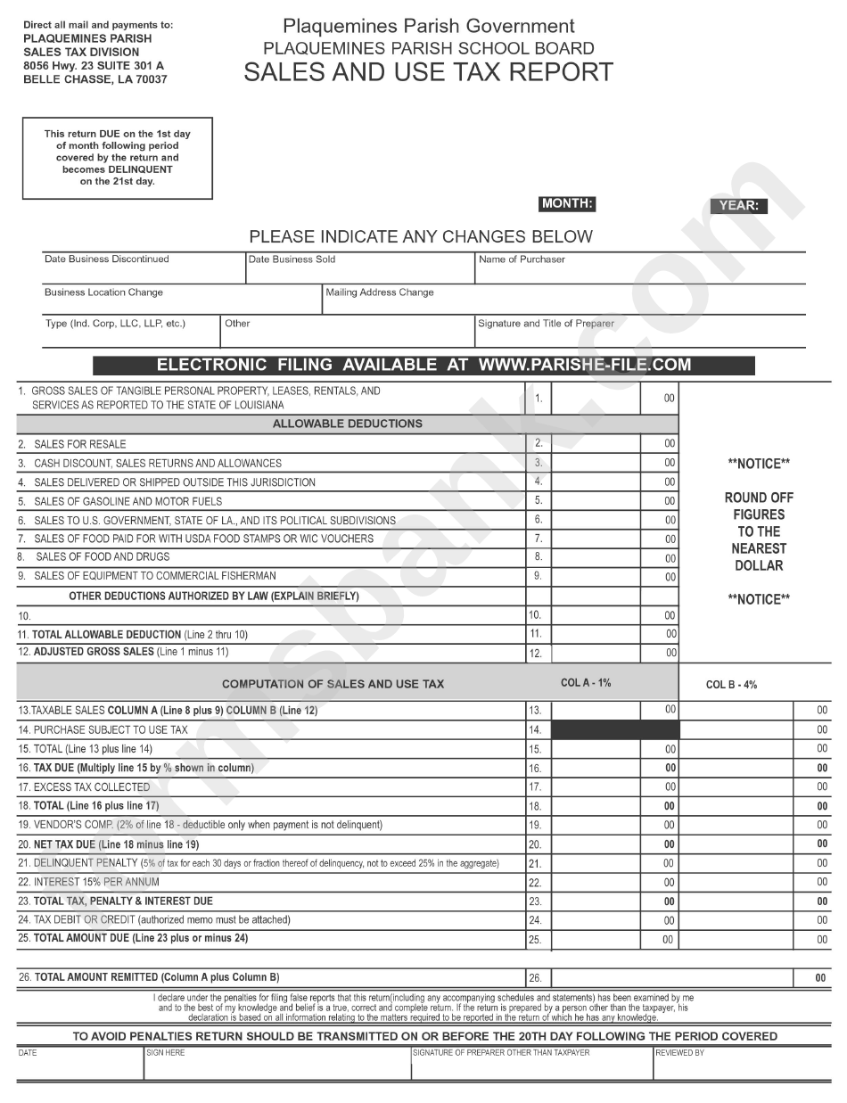 Sales And Use Tax Report Palaquemines Parish printable pdf download