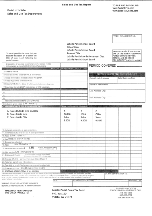 Sales And Use Tax Report - Parish Of Lasalle Printable pdf