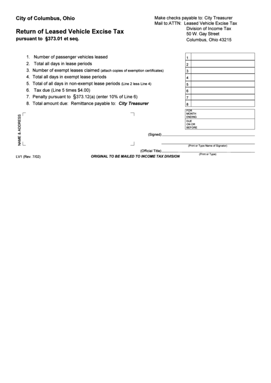 Form Lv1 - Return Of Leased Vehicle Excise Tax - City Of Columbus Printable pdf