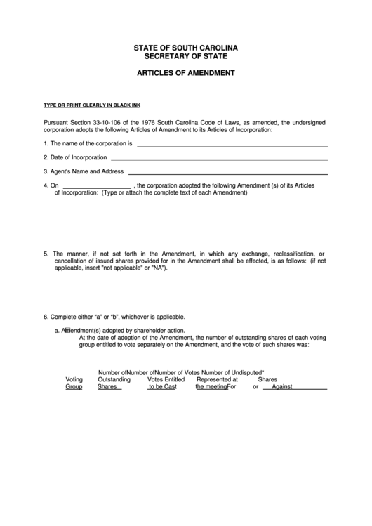 Articles Of Amendment - South Carolina Secretary Of State Printable pdf