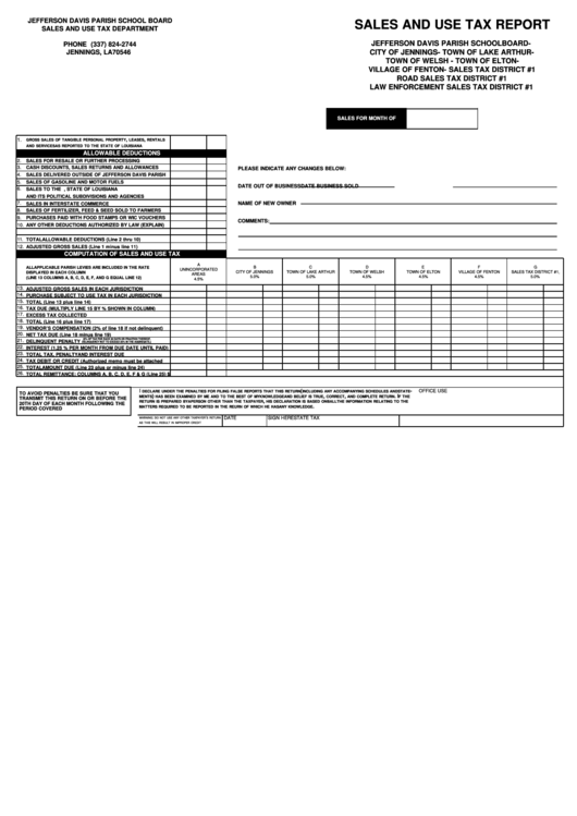 Sales And Use Tax Report - Jefferson Davis Parish Printable pdf