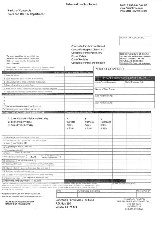 Sales And Use Tax Report - Parish Of Concordia Printable pdf