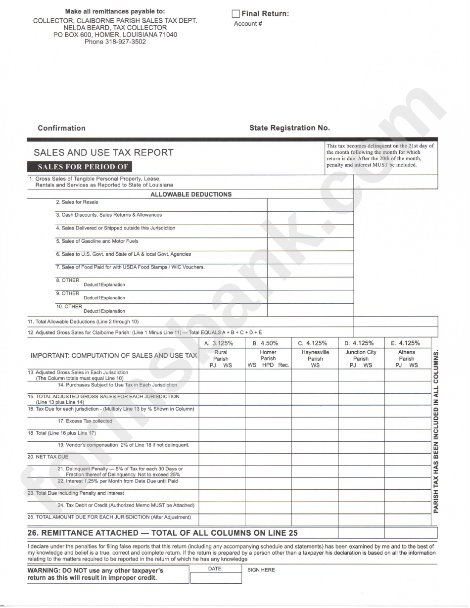 Sales And Use Tax Report Claiborne Parish printable pdf download