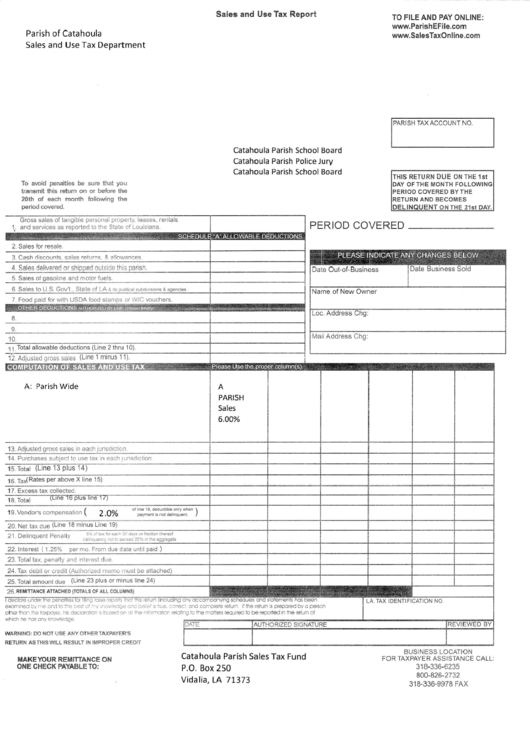 Sales And Use Tax Report Parish Of Catahoula printable pdf download