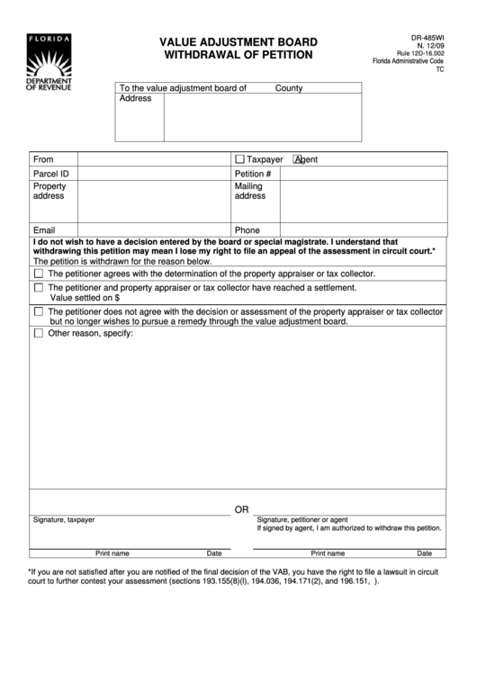 Form Dr-485wi - Value Adjustment Board Withdrawal Of Petition Printable pdf
