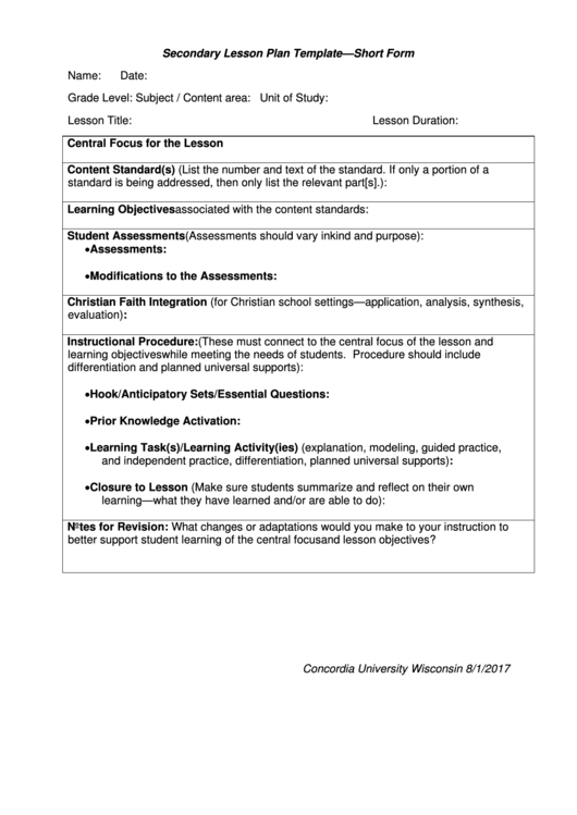 Secondary Lesson Plan Template - Short Form Printable pdf