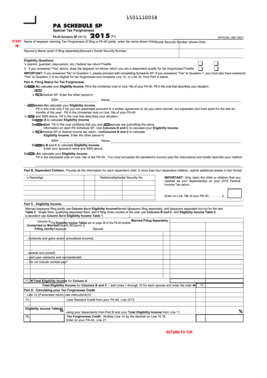 Fillable Pa Schedule Sp (Form Pa-40)- Special Tax Forgiveness - 2015 Printable pdf