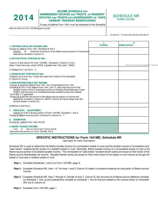 Fillable Schedule Nr (Form 1041me) - Income Schedule For Nonresident Estates And Trusts Or Resident Estates And Trusts With Nonresident Or "Safe Harbor" Resident Beneficiaries - 2014 Printable pdf