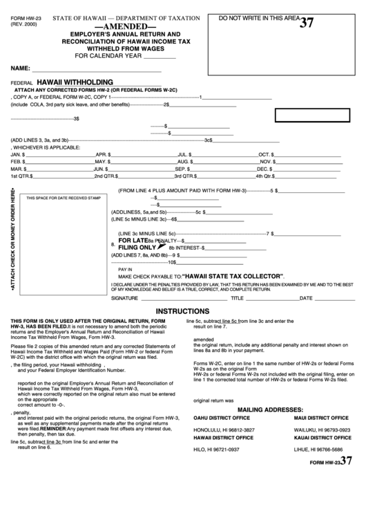 Form Hw-23 - Amended Employer's Annual Return And Reconciliation Of Hawaii Income Tax Withheld From Wages - 2000