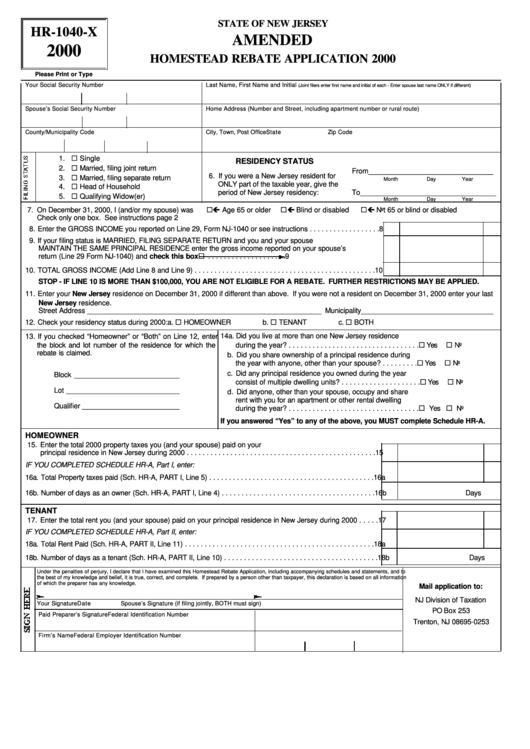 Fillable Form Hr-1040-X - Amended Homestead Rebate Application - 2000 Printable pdf